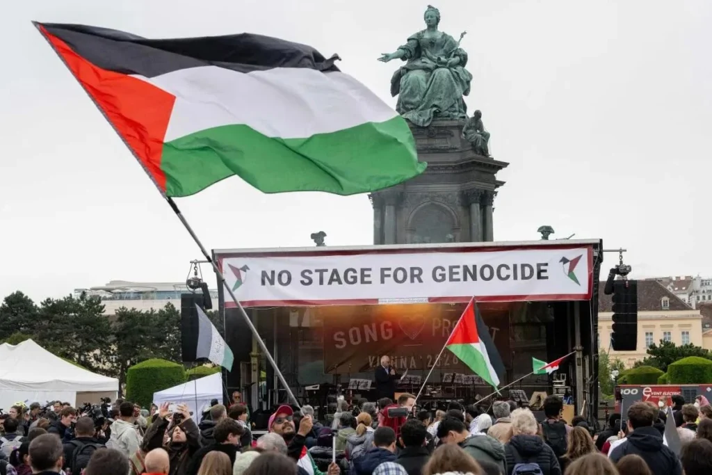 Protest in Wenen tegen deelname Israël aan het Eurovisiesongfestival.
